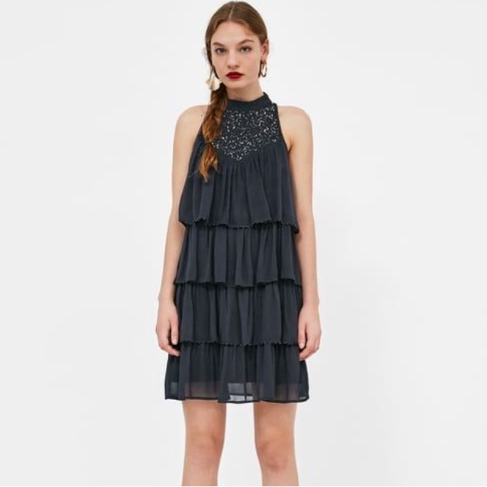 “ZARA” Beaded Tiered Ruffle Dress